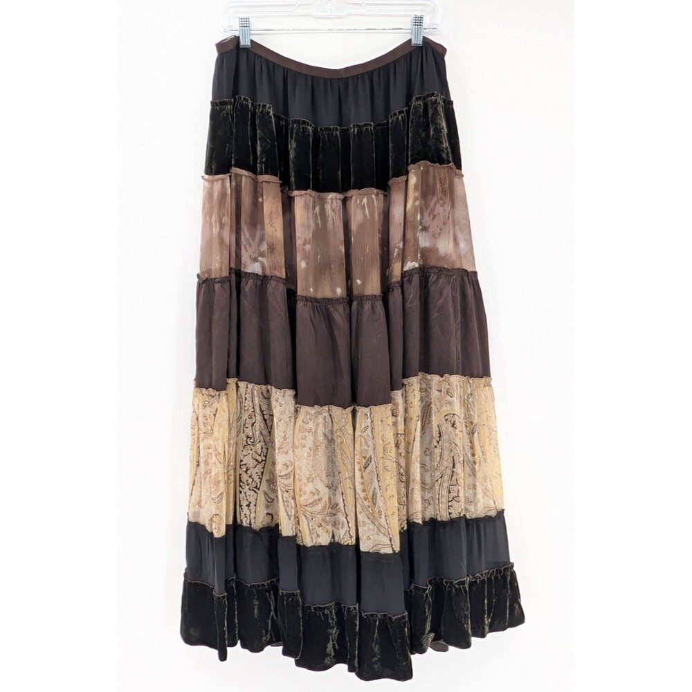 BCBG Maxazria Brown Metallic Velour Silk Tiered Boho Tie Dye Maxi Skirt Medium